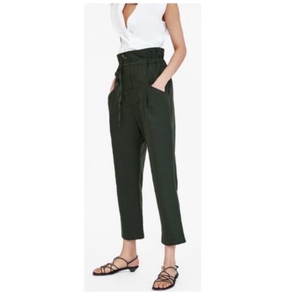 ZARA Blend Linen with Waist Drawstring Bloom Ankle Pants Trousers Green Size S - Picture 2 of 7